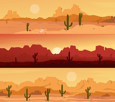 Desert landscape scene with cactuses at sunset set, mountain wild panorama nature scenery