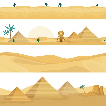 Desert landscape seamless borders. Sand dunes, Egyptian landmarks elements, pyramids, palm trees and Sphinx against hot sahara sunset. Vector endless horizontal backgrounds set