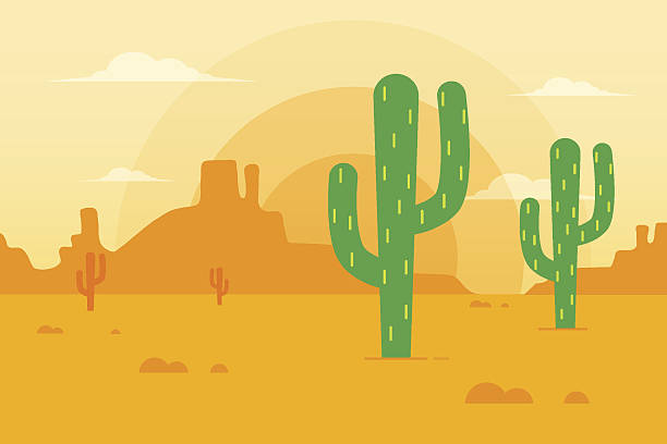 Desert Landscape Desert landscape with cactus and mountains in the background. Flat design style. desert stock illustrations
