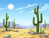 Vector illustration of a desert landscape with Saguaro cactus. In the background are hills and mountains, a blue sky, clouds and a bright sun.