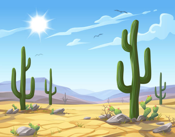 Desert Landscape Vector illustration of a desert landscape with Saguaro cactus. In the background are hills and mountains, a blue sky, clouds and a bright sun. desert area backgrounds stock illustrations