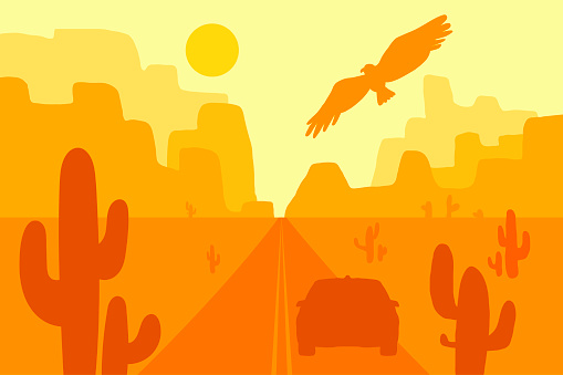 Desert landscape with eagle, cactus and sun