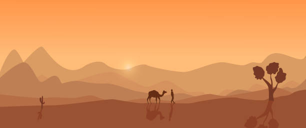 Desert landscape without reference. Desert landscape. Man with camel walking on sand desert area silhouettes stock illustrations