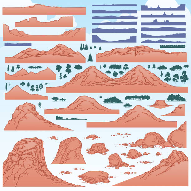 Desert Mountains and Mountain Range Building Elements Ten Mountains, six rock features, ten small rocks and pebble groups, seventeen mountain horizon silhouettes, with forty-seven tree and bush silhouettes. mesa stock illustrations