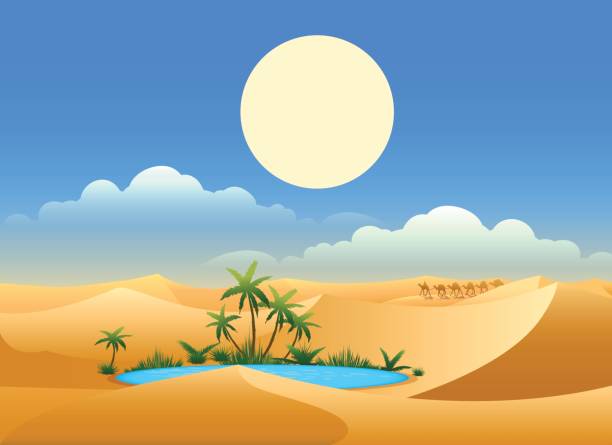 Desert oasis background Desert oasis background. Egypt hot dunes with palm trees, bedouin and camels vector illustration desert oasis stock illustrations