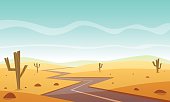 Desert landscape with asphalt road, cartoon vector illustration.