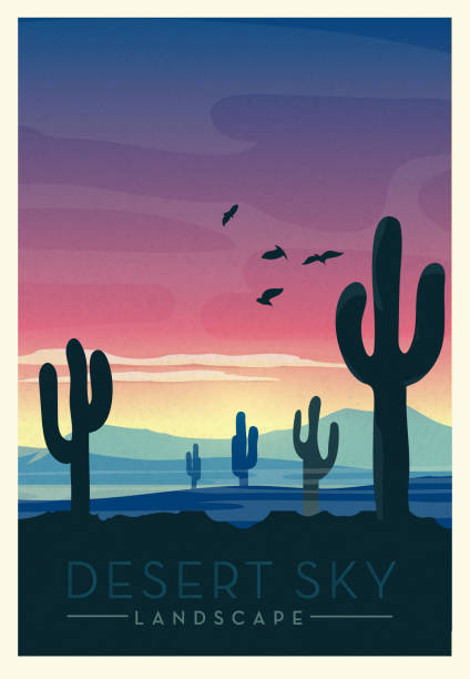 Desert Sky with wild cactus scenic landscape poster design Vector illustration of a desert arid sky with cactus scenic landscape poster design with text. Vintage texture overlay. Fully editable EPS 10. desert area backgrounds stock illustrations