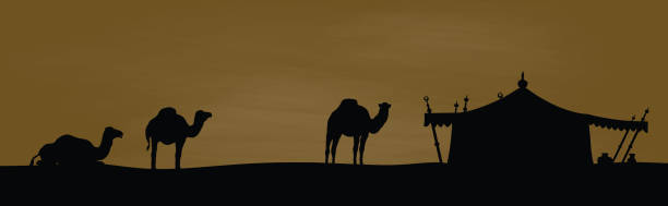 Desert Traveller Tent Camels and tent in the desert at night desert area silhouettes stock illustrations