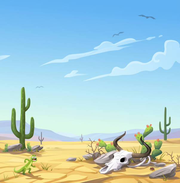 Desert A barren, dry, desert landscape with rocks, a cow skull and a lizard in the foreground. In the background are hills and mountains, cactuses and and a cloudy blue sky. Vector illustration with space for text. desert area backgrounds stock illustrations