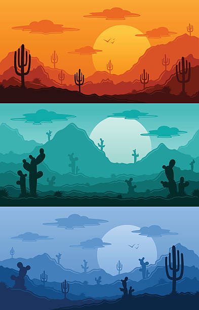 Desert wild nature landscapes vector illustration Desert wild nature landscapes with cactus, desert herbs, clouds and mountains in various times of day vector illustration desert area silhouettes stock illustrations