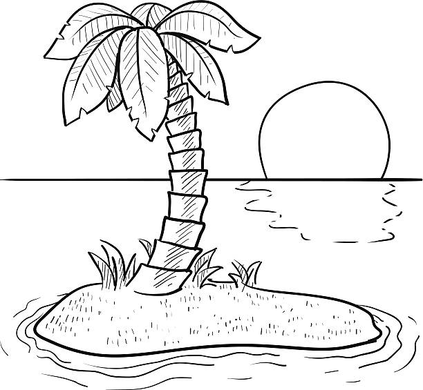 Deserted tropical island sketch Doodle style tropical or deserted island with palm tree and sunset in vector format. EPS10 file type with no transparency effects. desert island stock illustrations
