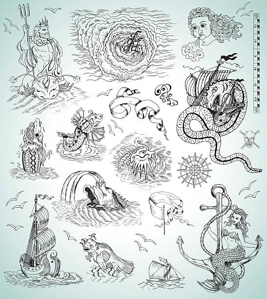 Design collection with sea mythologycal creatures, ships, mermaid and symbols Design graphic set with sea mythologycal creatures, ships, mermaid and marine symbols for maps, logos. Engraved illustrations. Pirate adventures, treasure hunt and old transportation concept neptune roman god stock illustrations