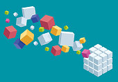 Vector Illustration of a Beautiful Composition of a Chaotic and Organized Coloured Design Cubes