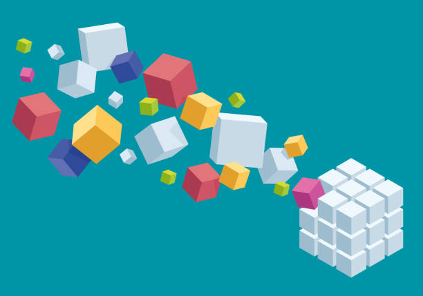 illustrazioni stock, clip art, cartoni animati e icone di tendenza di composizione progettua di cubi colorati caotici e organizzati - cubo