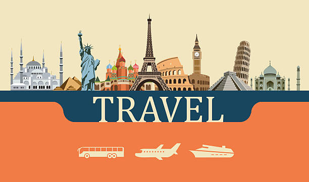 ilustrações de stock, clip art, desenhos animados e ícones de design conceito de mundo de viagens marcos - destino de viagem