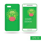 Concept design cover mobile smartphone with funny human brain and electric lightning in cartoon style isolated on white background. Vector illustrationConcept design cover mobile smartphone with funny human brain and electric lightning in cartoon style isolated on white background. Vector illustration