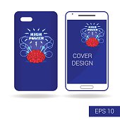 Concept design cover mobile smartphone with funny human brain and electric lightning in cartoon style isolated on white background. Vector illustration