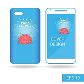 Concept design cover mobile smartphone with funny human brain and electric lightning cartoon style isolated on white background. Vector illustration