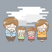 Design elements vector of cute family cartoon character in unhealthy air quality condition PM2.5. Kawaii cartoon characters under air pollution environment.