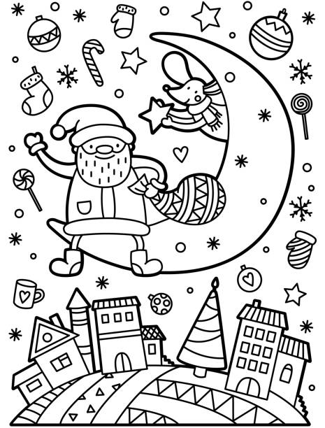 Design for printed tee and coloring book page for kids. Cute mouse with Santa Claus are sitting on the moon in the snow town. Design for printed tee and coloring book page for kids. Black outline vector illustration. New Year story. christmas coloring stock illustrations