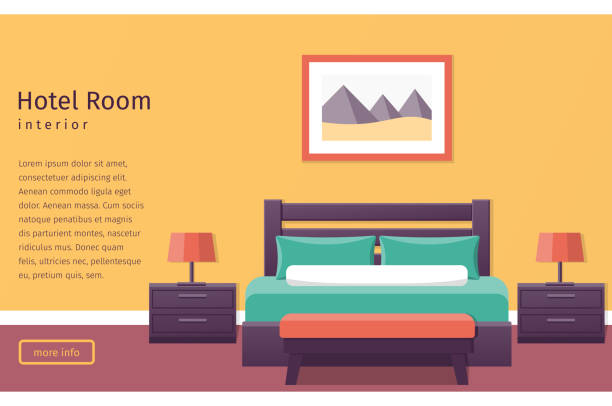 Design hotel room. Vector background. Banner of hotel room interior in flat style. Bedroom design. Background. Vector illustration. bed furniture designs stock illustrations