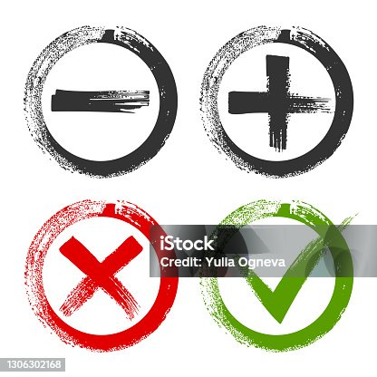 istock Design of check list marks, choice options, test, quiz or survey signs. Circles with black plus and minus, red x and green tick check marks. Approval signs. 1306302168