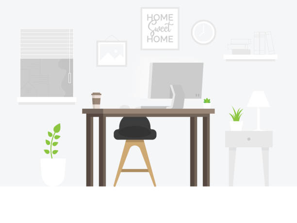 stockillustraties, clipart, cartoons en iconen met design van de moderne home office designer werkplek - windows laptop table