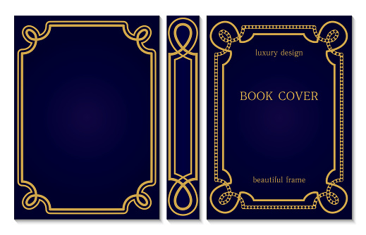Design of vintage binding for book. Set of Golden frames. Classic book cover design. Royal style decor. Decoration of Title page by ornament. Luxury templates for creative design.