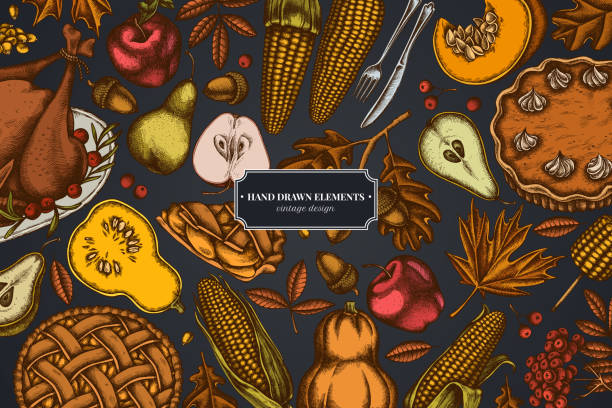ilustraciones, imágenes clip art, dibujos animados e iconos de stock de diseño sobre fondo oscuro con calabaza, tenedor, cuchillo, peras, pavo, pastel de calabaza, tarta de manzana, maíz, manzanas, rowan, arce, roble - thanksgiving diner