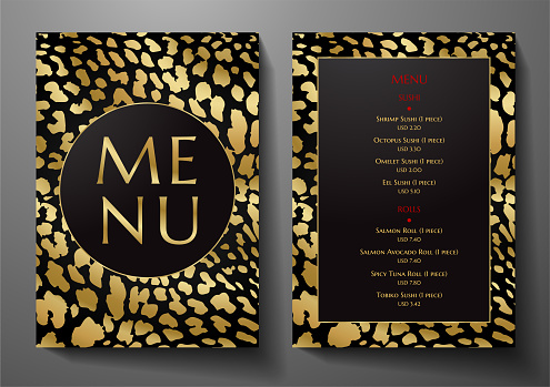 Design Restaurant Menu template with animal print (leopard). Luxe black and gold frame pattern (border)