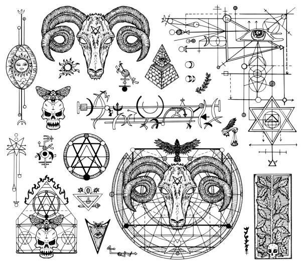 Design set with graphic drawings of mystic and religions and devil symbols Fantasy, freemasonry and secret societies emblems, occult and spiritual mystic drawings. Tattoo design, new world order devil stock illustrations