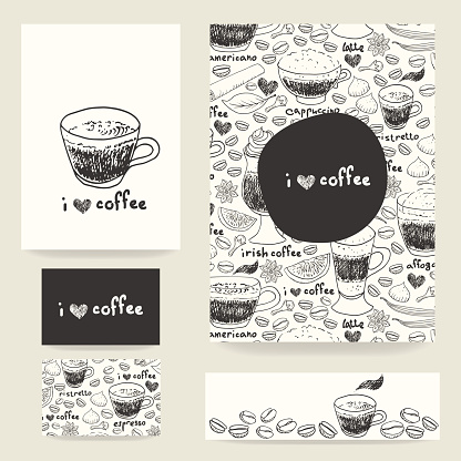Design template set with coffee cups and beans pattern