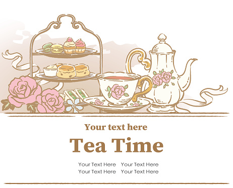 Design template with tea time objects. Vintage style. Vector illustration.