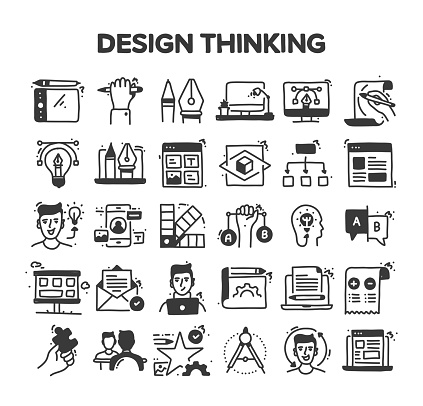Design Thinking Related Hand Drawn Vector Doodle Icon Set