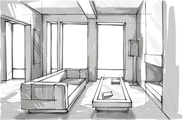 Top One Point Perspective Living Room Clip Art Vector