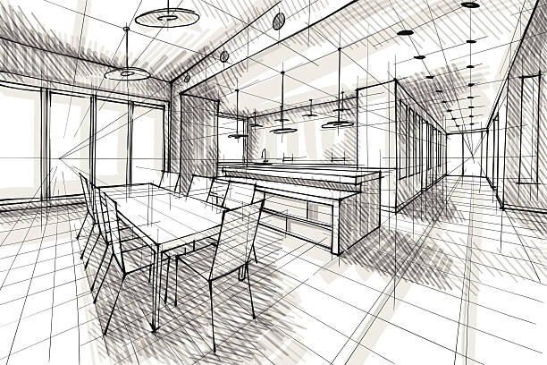 design Vector illustration of interior design. In the style of drawing.  (ai 10 eps with transparency effect). kitchen drawings stock illustrations