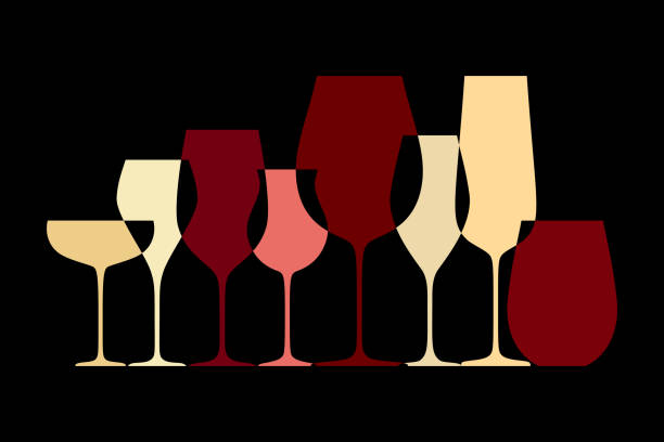 Design with different wine glasses Abstract design with different shape glassware for wine tasting and drinking isolated on black background. Vector illustration cocktail silhouettes stock illustrations