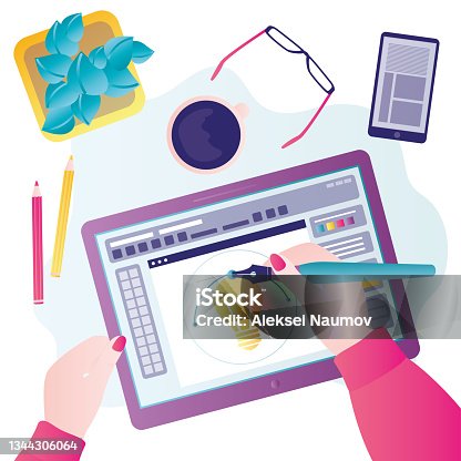istock Designer or illustrator draws illustrations using stylus. Workplace with different tools. Tablet screen with special drawing program 1344306064