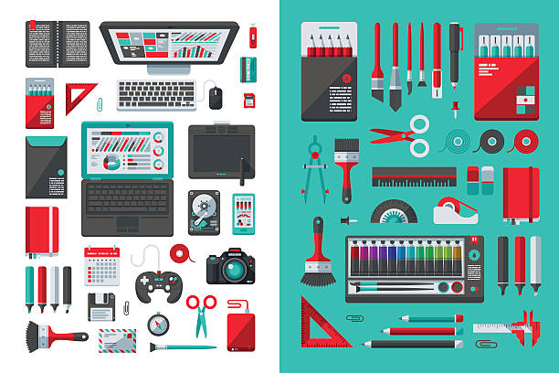 Designer's Desk Flat Design Set vector art illustration