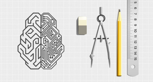 Designing an Artificial Intelligence Pictogram of a cybernetic brain pictured by drawing tools which is lying beside of it. Illustration on the subject of 'Future Technologies'. semiconductor illustrations stock illustrations