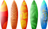 Surfboards set with different bright and unusual pattern designs. Realistic style. Vector illustration. Isolated on white background.