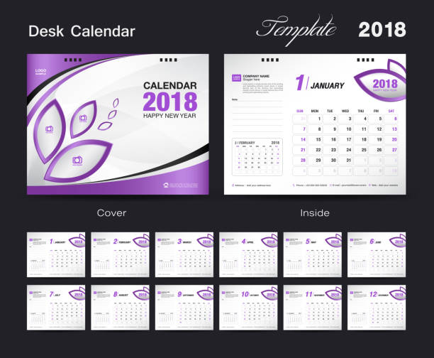 Desk Calendar 2018 Template Design Purple Cover Set Of 12 Months