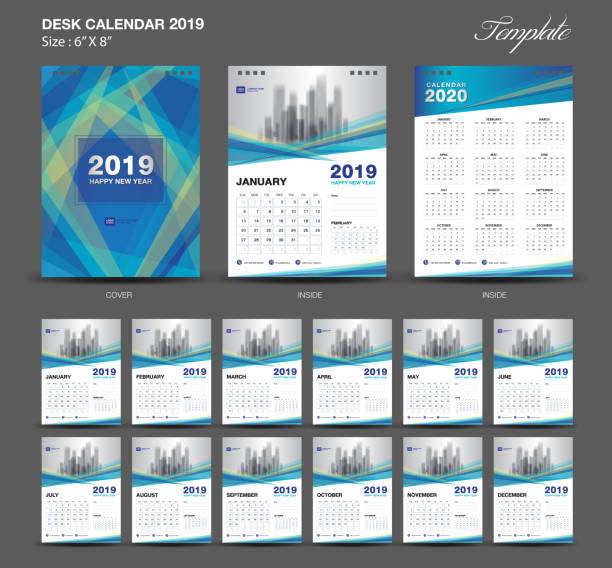 桌面日曆2019年大小 6 x 8 英寸範本, 藍色日曆2019範本, 設置12月, 周開始星期一, 牆日曆, 傳單設計, 封面範本向量, 廣告創意 - blue monday 幅插畫檔、美工圖案、卡通及圖標