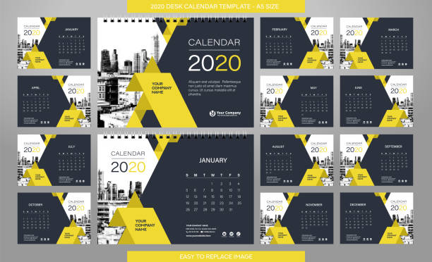 Desk Calendar 2020 template - 12 months included - A5 Size Desk Calendar 2020 template - 12 months included - A5 Size calendar patterns stock illustrations