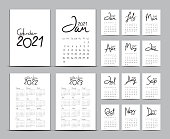 Desk calendar 2021 template set, Calendar 2022-2023, Lettering calendar, hand-drawn vector illustration, black and white color, Set of 12 Months, Week starts Sunday, Stationery, cover design