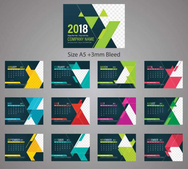 2018 Desk Calendar template with geometric shapes and multicolor. vector art illustration