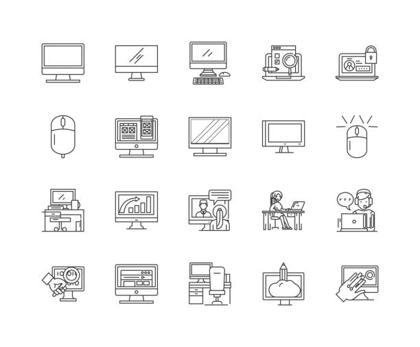 ilustrações de stock, clip art, desenhos animados e ícones de desktop computer line icons, signs, vector set, outline illustration concept - mobile phone