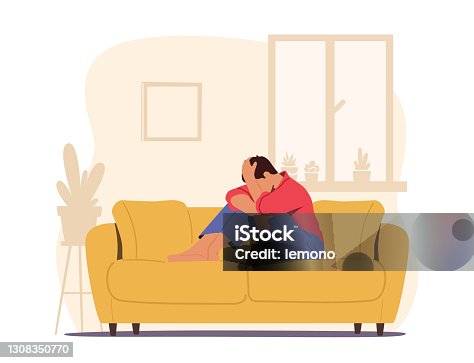 istock Despair, Frustration, Life Problems Concept. Young Depressed Upset Man Character Sitting on Couch Covering Face Crying 1308350770
