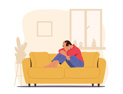 Despair, Frustration, Life Problems Concept. Young Depressed Upset Desperate Man Character Sitting on Couch Covering Face Crying. Depression, Headache Migraine Concept. Cartoon Vector Illustration