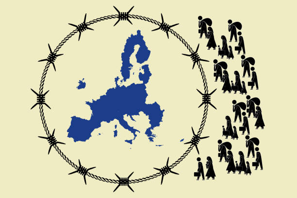 ilustraciones, imágenes clip art, dibujos animados e iconos de stock de los refugiados desesperados huyen de la guerra para emigrar a europa. concepto de derecho humano e inmigración - afghanistan